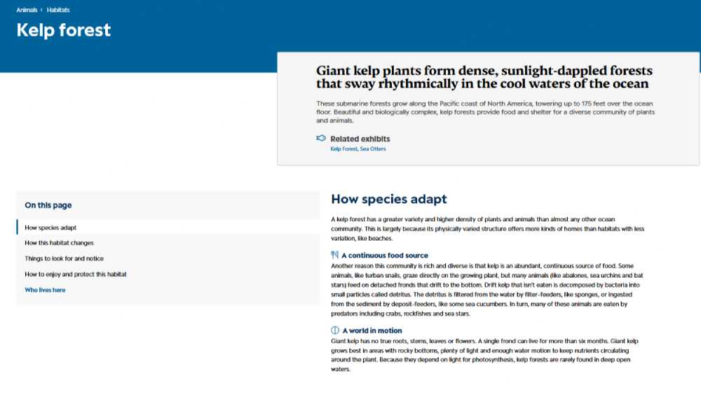 the monterey bay aquarium's website featuring different sections for seperated content