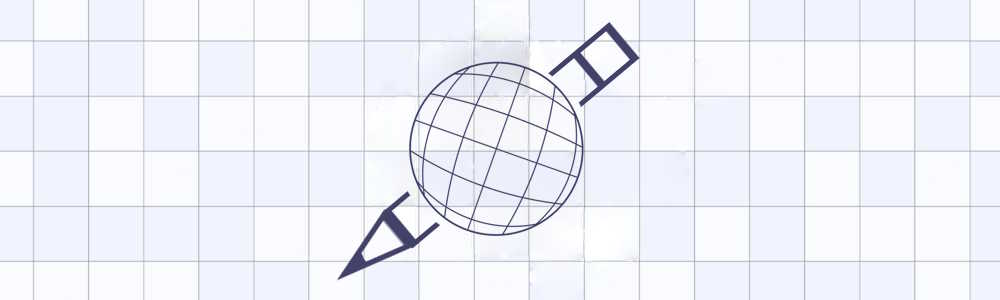 a globe with a pencil through the center over a checkered background