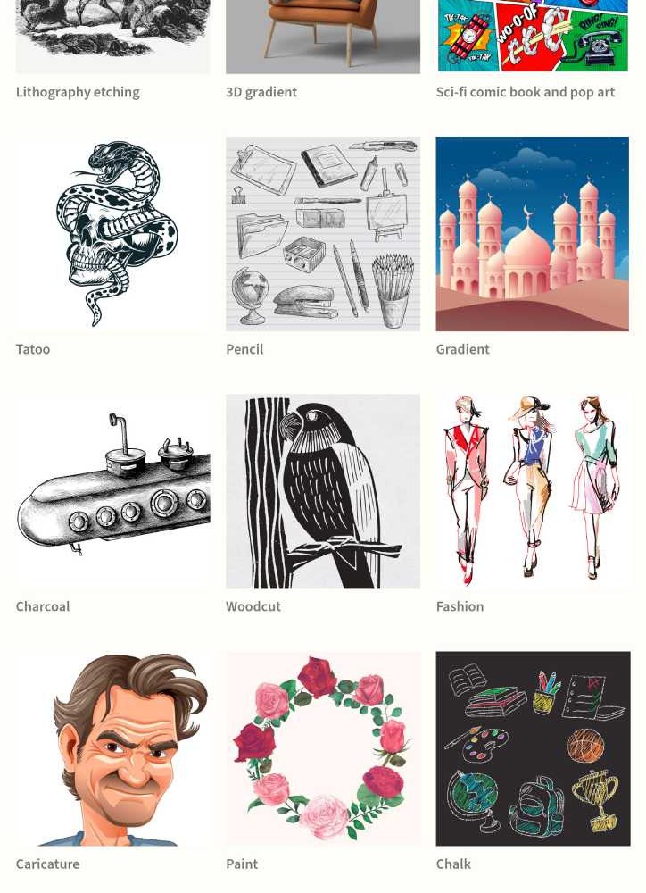 a chart showing examples of different illustrative styles